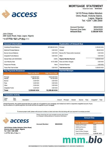 Nigeria Access Bank wyciąg z kredytu hipotecznego szablon Word i PDF